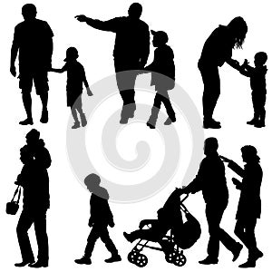 Set black silhouettes Family with pram on white background. Vector illustration