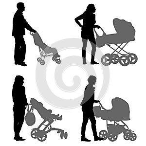 Set black silhouettes Family with pram on white background. Vector illustration