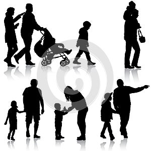 Set black silhouettes Family with pram on white background. Vector illustration