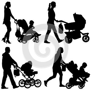 Set black silhouettes Family with pram on white background. Vector illustration