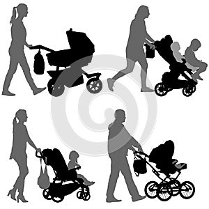 Set black silhouettes Family with pram on white background. Vector illustration