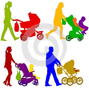 Set black silhouettes Family with pram on white background. Vector illustration