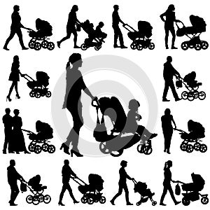 Set black silhouettes Family with pram on white background. Vector illustration