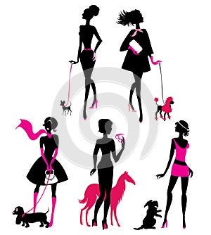 Set of black silhouettes of fashionable girls with their pets