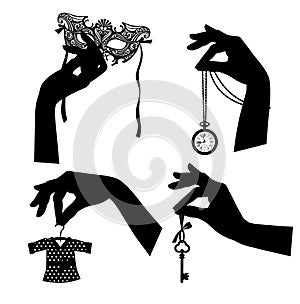 Set of black silhouettes of female hands with vintage accessories