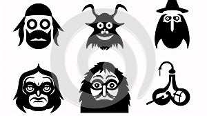 Set of black silhouettes of funny monsters on a white background