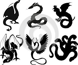 Set of black silhouettes of mythological dragons: basilisk, dragon, hydra, wyvern, quetzalcoatl, zmiulan