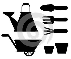 Set of black silhouettes objects for garden iron watering can shovel flower pots rake on white background illustration web