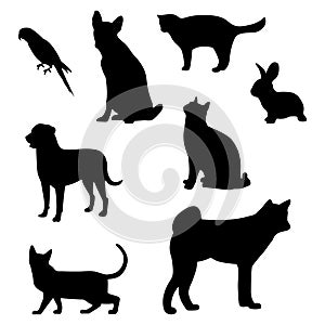 Set of black silhouettes of pets.