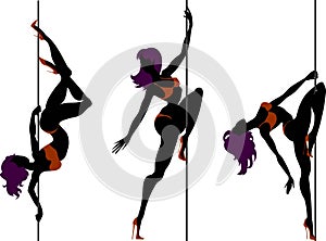 Set of black silhouettes of pole dancer