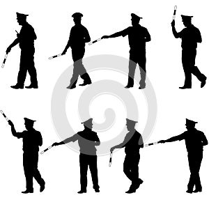 Set black silhouettes Police officer with a rod