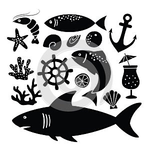 Set of black silhouettes of shark, fish, shrimp, shells and other sea animals and object icons isolated on white