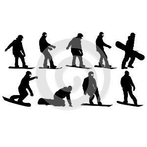 Set black silhouettes snowboarders on white background