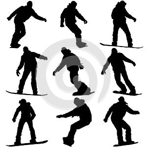 Set black silhouettes snowboarders on white background. Vector