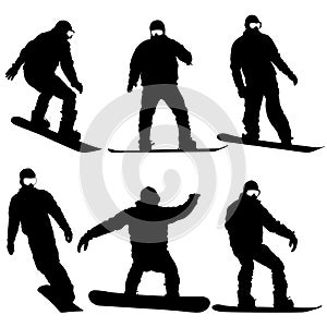 Set black silhouettes snowboarders on white background. Vector