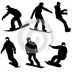 Set black silhouettes snowboarders on white background. Vector illustration