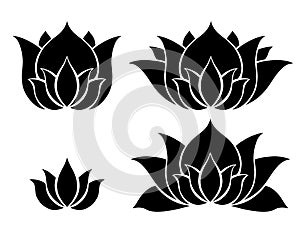 Set of black silhouettes of stylized lotuses. Water lily logos for yoga and sports centers. Simple flower icons for spa and beauty