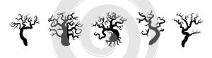Set of black silhouettes of trees. Spooky horror design decoration for Halloween party. Spooky background for October party and