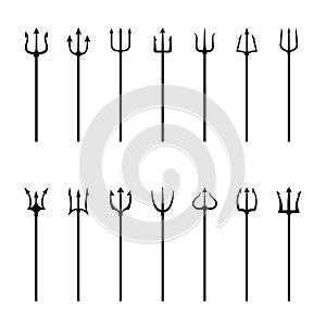 Set of black silhouettes of tridents, vector illustration