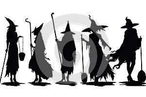 Set Of Black Silhouettes Of Witches On Broom On White Background, Halloween. Generative AI