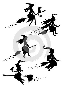 A set of black silhouettes of witches flying on a broomstick. A collection of silhouettes for Halloween. Mystical photo