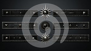a set of black and silver metal buttons on a black background