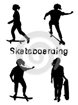 Set of black skate girl silhouettes. Skate trick ollie. Skateboarder is rides, pushes off the ground, jumping, standing