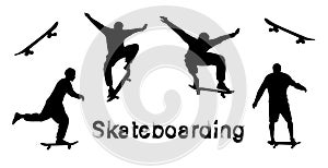 Set of black skateboarder silhouettes. Skate trick ollie. Grunge style textured text