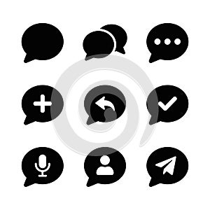 Set of black solid chat bubble communication icons for user interface