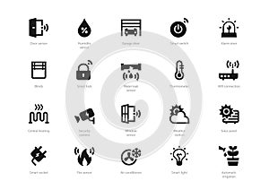 Set of black solid smart home icons isolated on light background