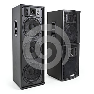 A set of black stacked speakers with a modern design, isolated on a clean white background. Perfect for music, sound, and event photo