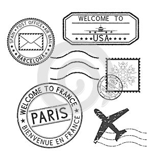 Set of black stamps. Postmarks and travel stamps- Welcome to France, Welcome to USA