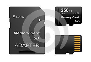 Set of black standard 256 gb digital sd memory cards front and back with gold contact with adapter for sd card on a white backgrou