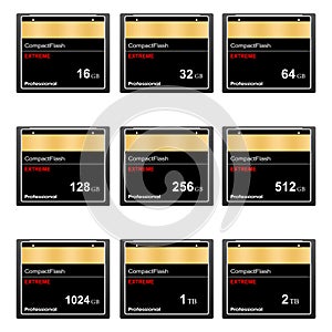 Set of black standard digital compact flash memory cards of different sizes on a white background. Collection media card for digit