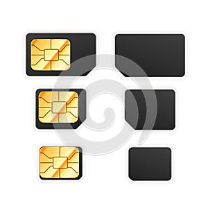 Set of black standard, micro and nano sim card for phone with golden glossy chip from both sides on white