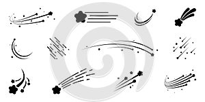 Set of black star falling logo. Flying comet with tail, falling meteor collection. Star silhouette of the falling of comets