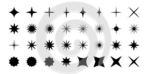 Set of black stars icons. Sparkle, twinkle, starburst, bling stardust shapes. Flash, light, fireworks, explosion