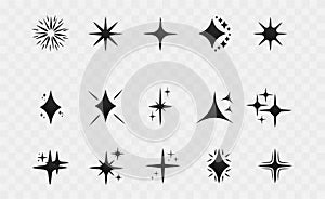 Set of black Stars on a transparent background. Shine symbol. Elegant elements for decor. Template Icons. Flares