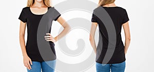 Set black t shirt. Front back views pretty woman in tshirt isolated on white background, template,blank