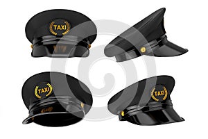 Set of Black Taxi Driver Caps with Goldan Cockade and Taxi Sign. 3d Rendering photo