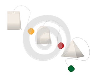 Set of black tea bags of different shapes on a white isolated background. Vector illustration. Flat design. Icon, sign