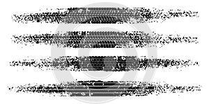 Set of black tire tread print with grunge effect isolated on white background