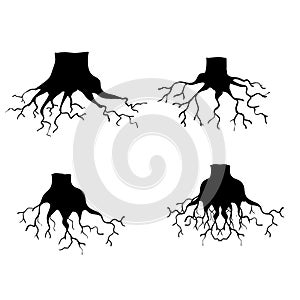 Set of Black Tree Roots. Vector Illustration. Plant and Garden.with hand drawn doodle style vector