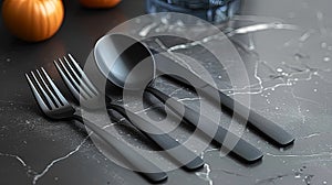 A set of black utensils including a fork, knife