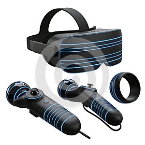 Virtual reality headset and controllers with glowing blue lines on a white background