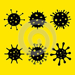 Set of black virus icons. Coronavirus icon isolated on yellow background. China pathogen respiratory infection, asian flu outbreak