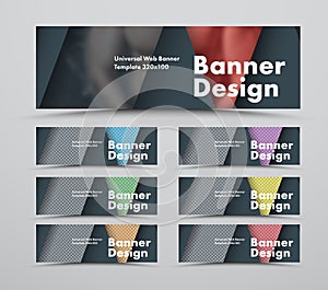 Set of black web banners of a standard size in the style of material design with triangular elements for a photo