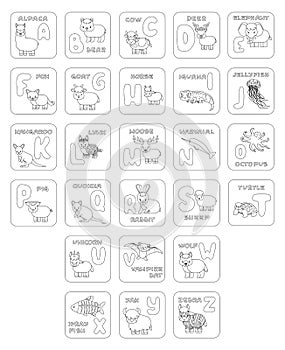 Set of black white ABC cards with pictures. Vector outline Illustration for children school textbook. Alpaca bear cow deer