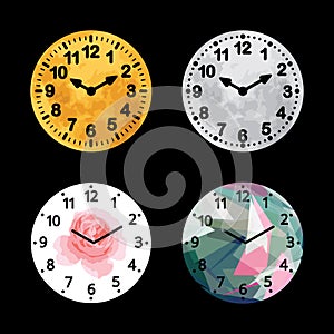 Set of black and white alarm clock flat block icon design, classic vintage dial wall timer.