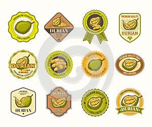 Set of black and white badges, stickers, high quality signs, with durian fruit
